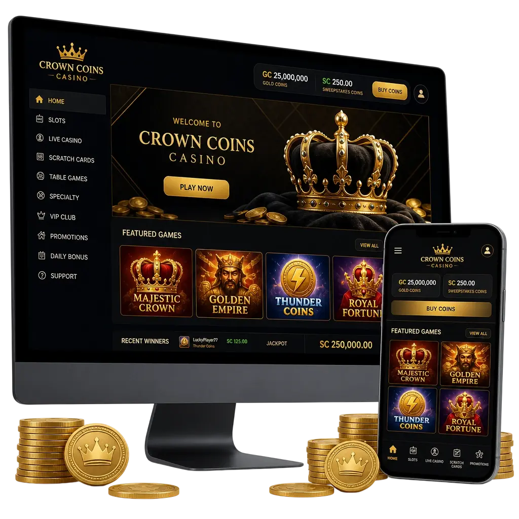 Crown Coins Casino homepage showing slots, table games, live casino and sports betting options for US players