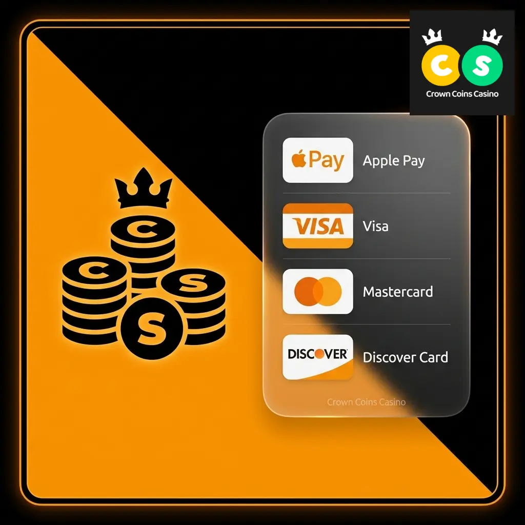 Crown Coins Casino deposit methods including Apple Pay, Visa, Mastercard, Amex, Discover, and Skrill